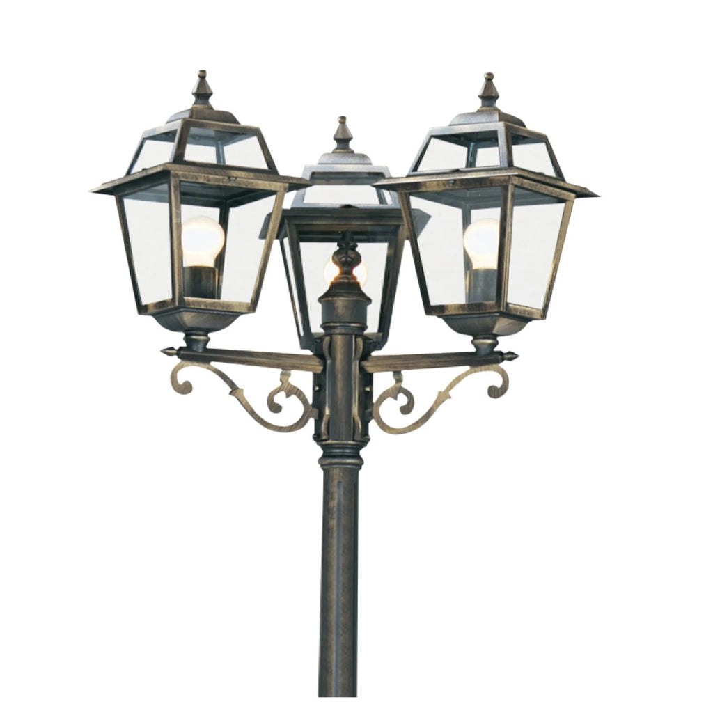 Lampione Da Esterno Vintage Nuova Orleans Alluminio Nero Vetro Oro 3 Luci E27