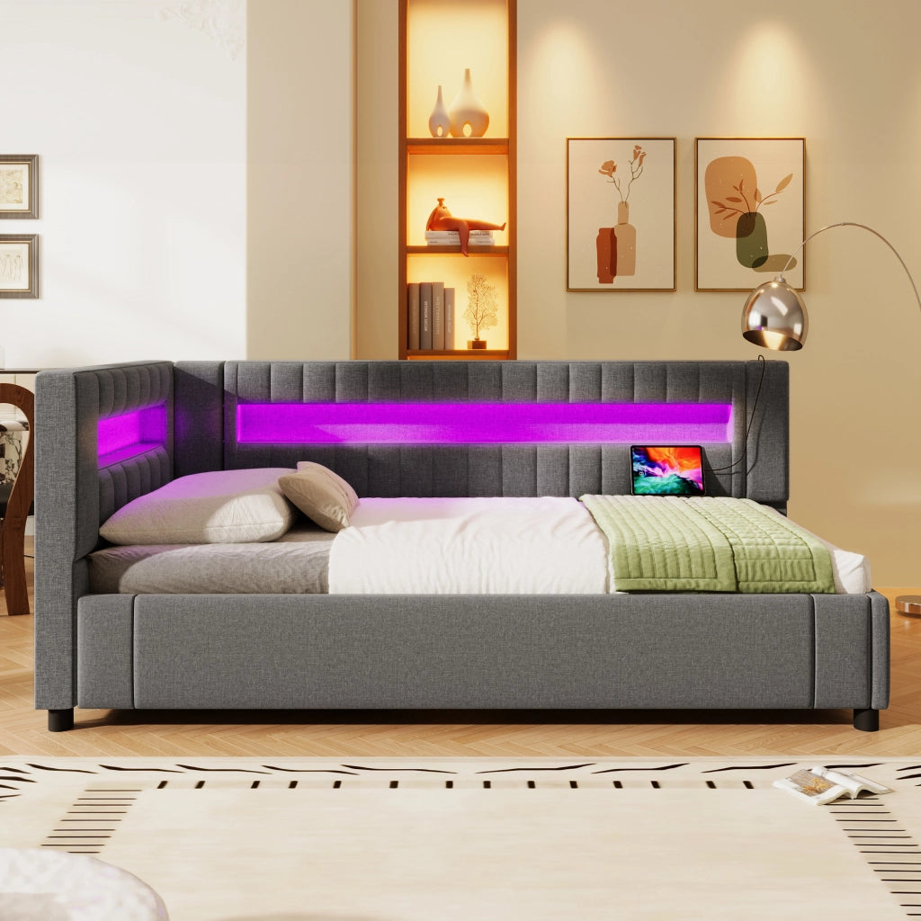 OKWISH Letto a Divano 90×200 cm, Letto Singolo con Contenitore, USB, Tipo C e LED Regolabile, senza Materasso, in Lino, Grigio