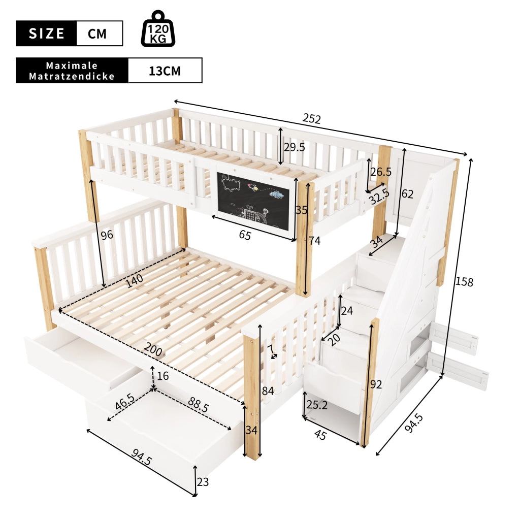 LETTO a castello multifunzionale 90x200+140x200 Bianco e Rovere chiaro