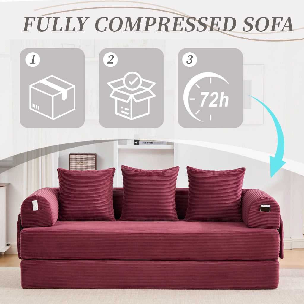 Divano modulare con struttura in metallo, tasca laterale e 3 cuscini, in velluto a coste rosso vino 200 × 94 × 67 cm