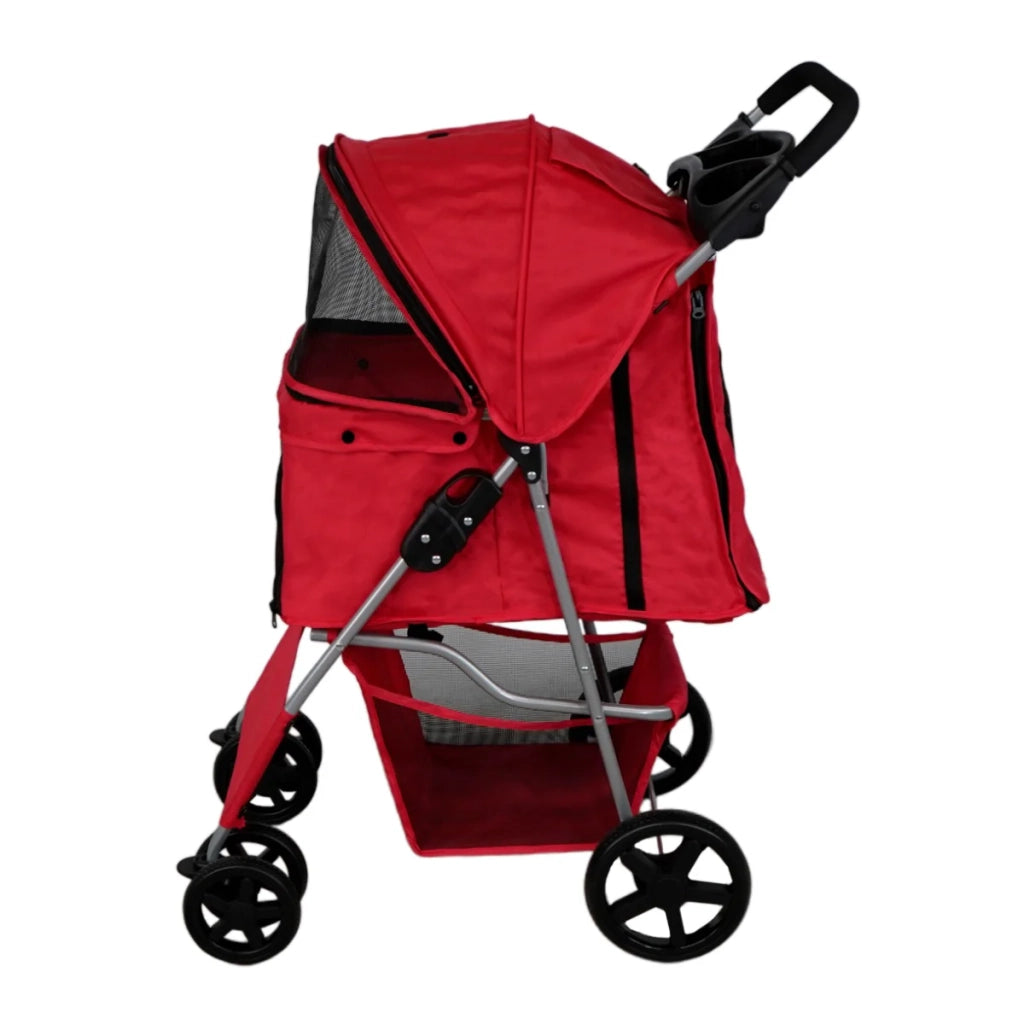 Passeggino per animali domestici Trasportino pieghevole Trolley da viaggio per gatti e cani Copertura anti-pioggia – Rosso