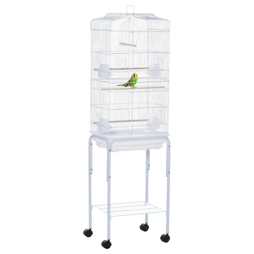 GABBIA PER UCCELLI, VOLIERA IN METALLO E ACCIAIO CON RUOTE, TRESPOLI E CIOTOLE, 46.5X36X157CM - BIANCO