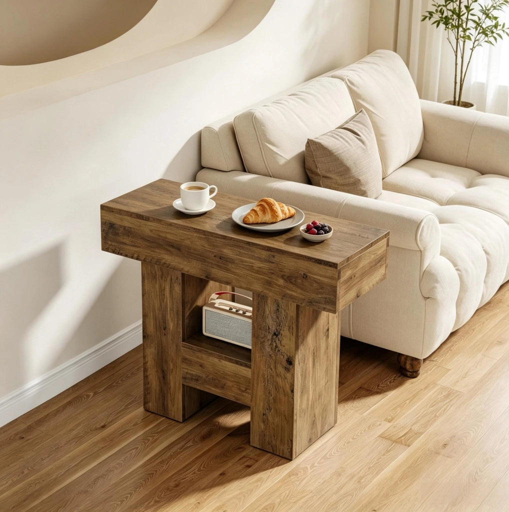 Tavolino laterale stretto a 2 ripiani in MDF marrone; 80 x 30 cm