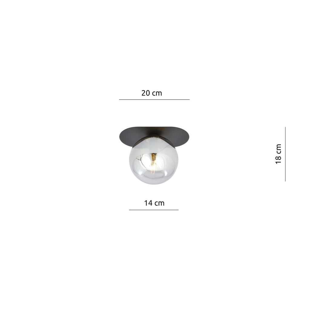 Plafoniera Minimal 1 Luce Teia In Acciaio Nero E Sfera Vetro Fumè