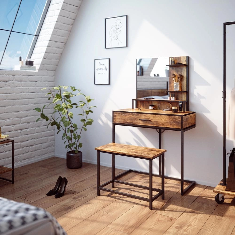Tavolo da toeletta Fyrk, Legno antico, 80 cm con sedia, adatto come seduta e piano d’appoggio per area trucco