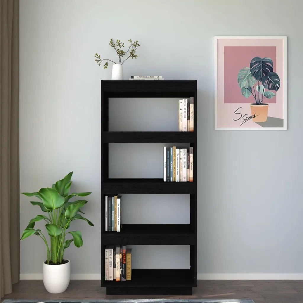 Libreria Divisorio-Scaffale per Libri-Mobile di Stoccaggio Nero 60x35x135 cm in Legno Massello di Pino