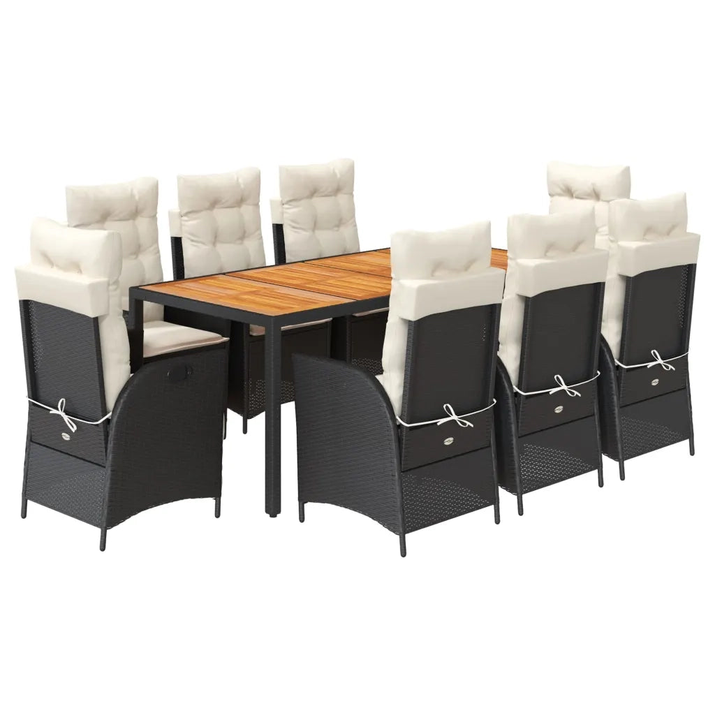 Set da Pranzo da Giardino 9 pz con Cuscini Nero in Polyrattan