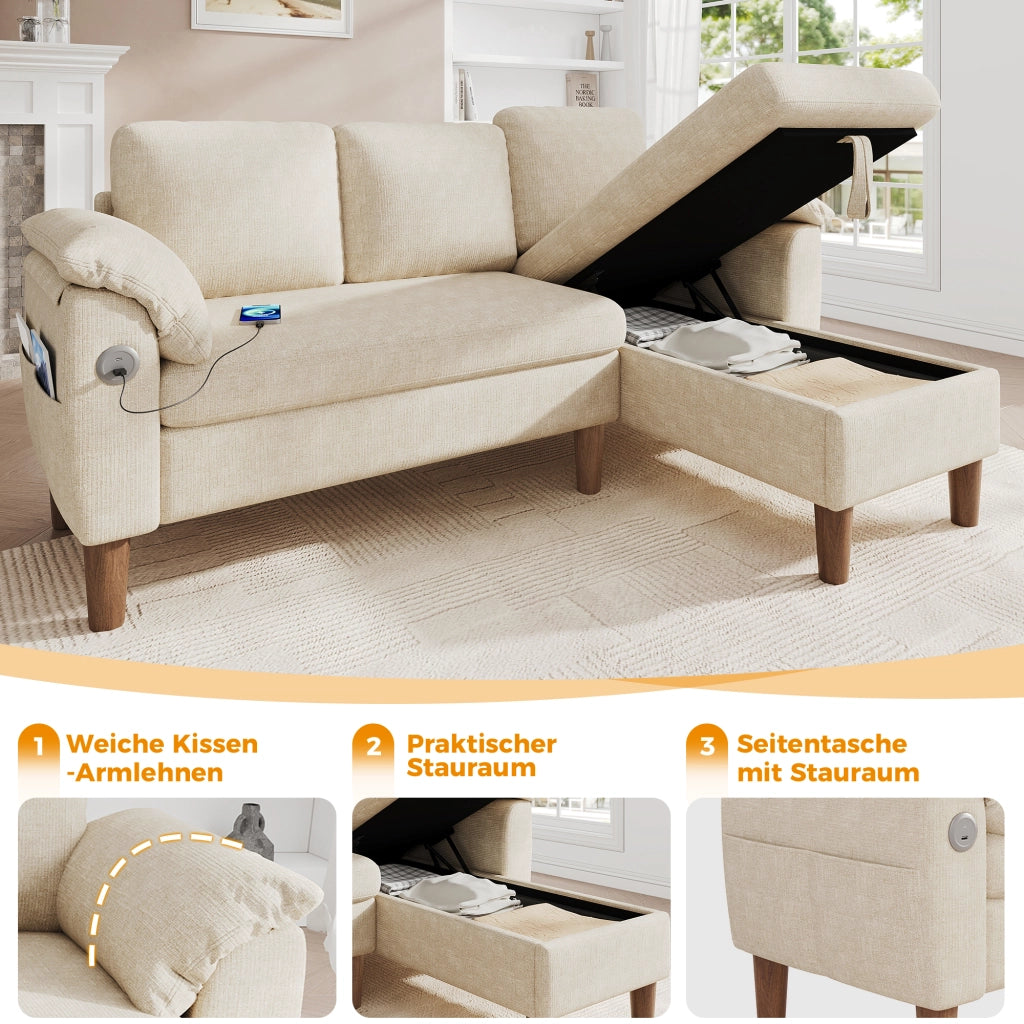 Divano angolare a L modulare con chaise longue reversibile, porta USB e Type-C, tasche laterali in chenille beige