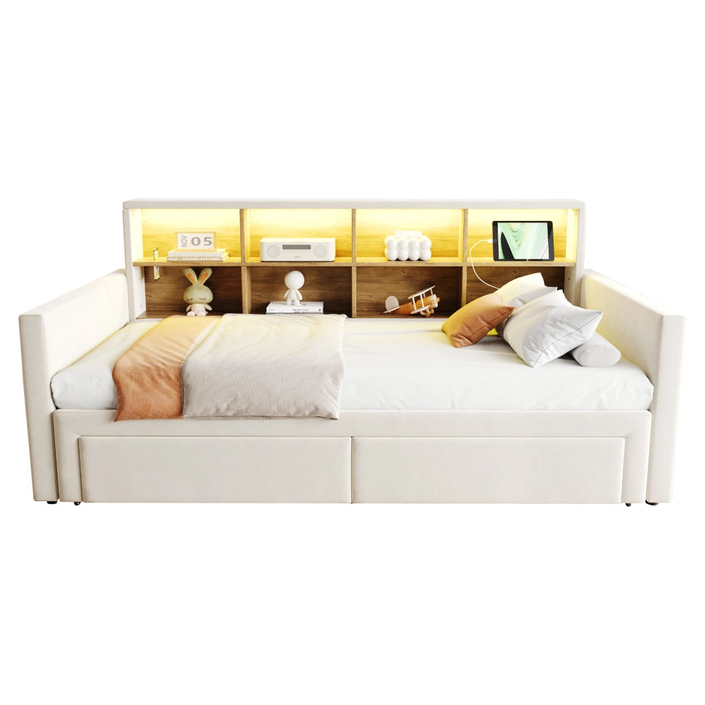 DESMIU Divano Letto 90 × 190 cm 1 posto con LED, prese USB e Type-C, 2 cassetti, senza materasso, in velluto beige