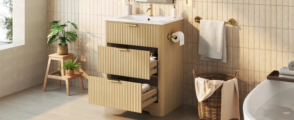 Mobile sottolavabo con lavabo in ceramica, 2 cassetti e portarotolo reversibile, per bagno, in MDF, naturale, 61 × 47 × 82 cm