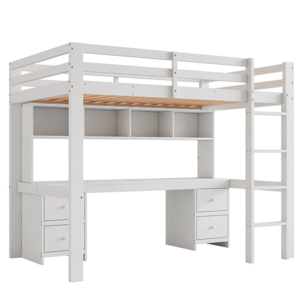 Letto a soppalco 90x200 cm con scrivania; 4 cassetti; in pino e MDF; bianco
