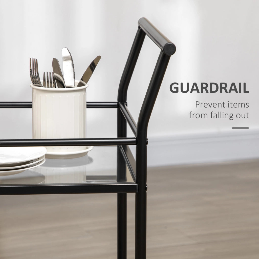 EASYCOMFORT  Carrello da Cucina a 2 Livelli con Piani in Vetro Temperato, 4 Ruote e Struttura in Metallo, 75x40x80 cm, Nero