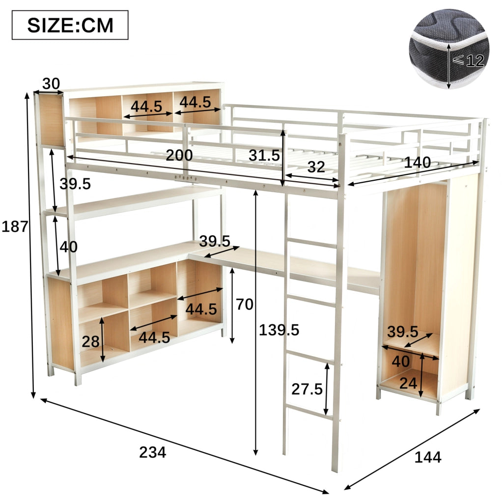 Letto a soppalco 140x200 cm con scrivania e armadio