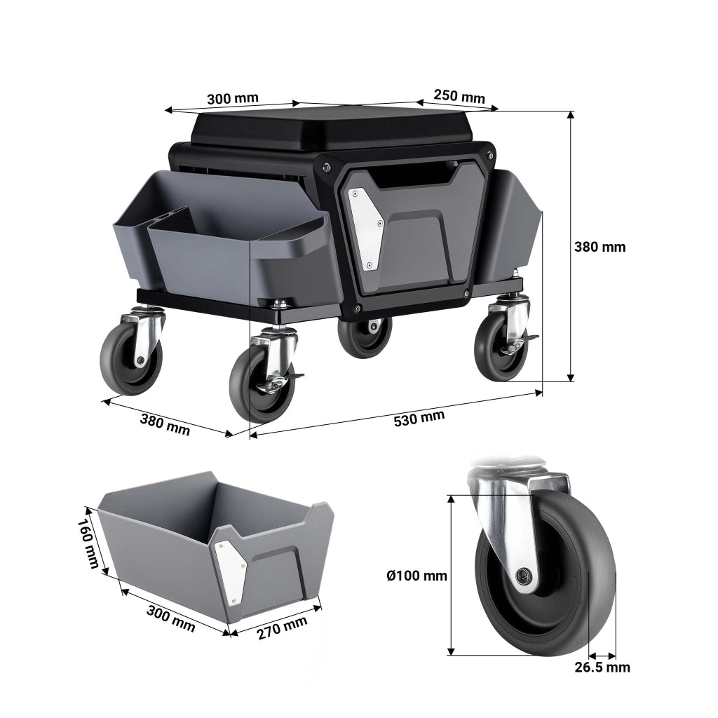 Sgabello da officina con ruote e porta attrezzi, sgabello mobile da meccanico, 120 kg di portata