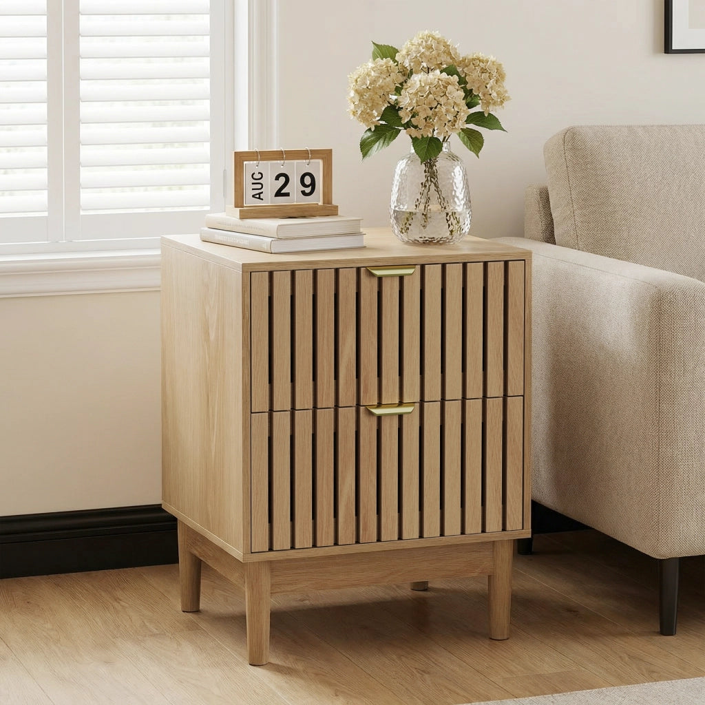 Comodino Mid-Century Modern ¨C MINIMAL ¨C Legno, 2 Cassetti, 45x39x56,5 cm