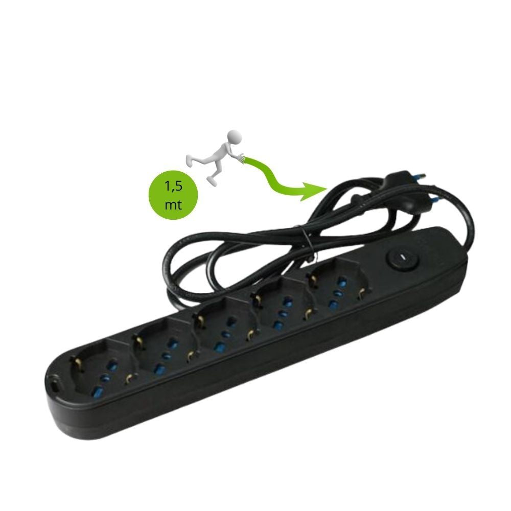 Multipresa 5 uscite universali spina 16a cavo 1,5 metri protezione bambino *** colore nero, confezione 1