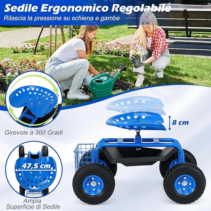 Sgabello da Giardino, Sgabello per Giardinaggio con Ruote, Sedile Regolabile in Altezza e Girevole a 360°, Cestello e Vassoio, Carrello per Prato e Giardino, Portata 150 kg (Blu)