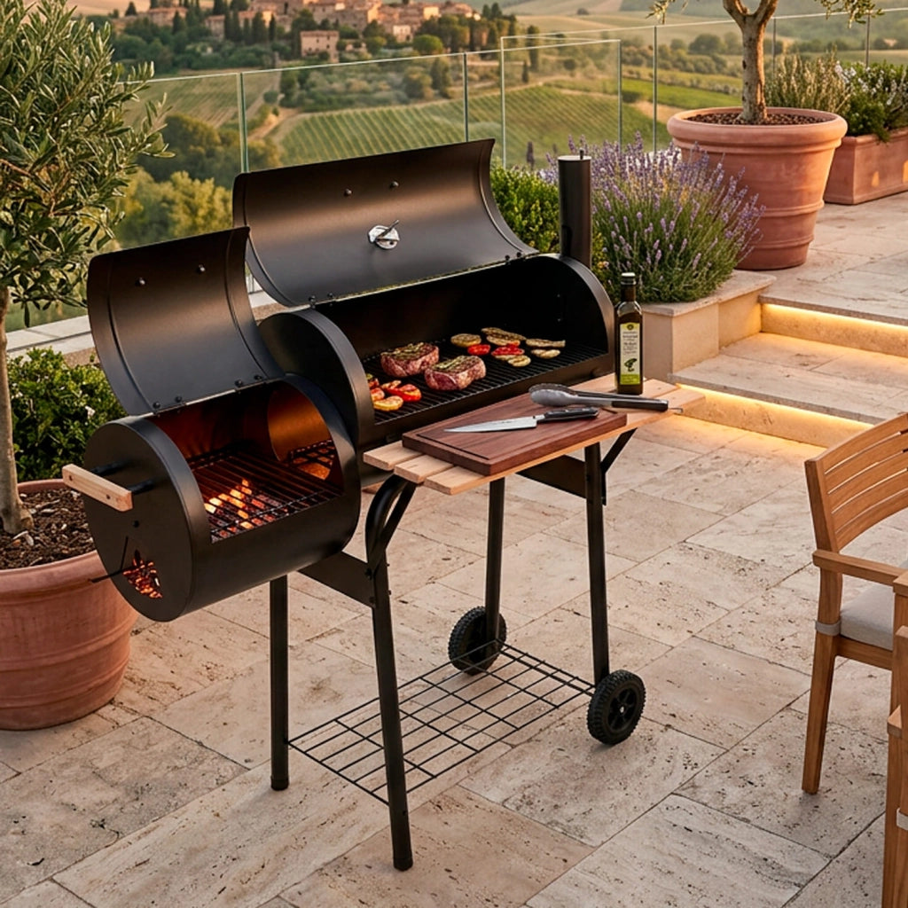Barbecue A Carbone Con Camera Affumicatura Laterale BBQ Con Termometro Integrato Griglie Cromate Ripiano E Maniglie Legno Ruote Per Giardino E Terrazzo 109.5 x 59 x 116 Cm Nero