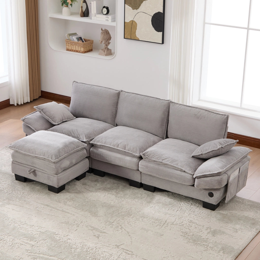 Divano modulare 3 posti con pouf; velluto a coste; USB-C; grigio chiaro