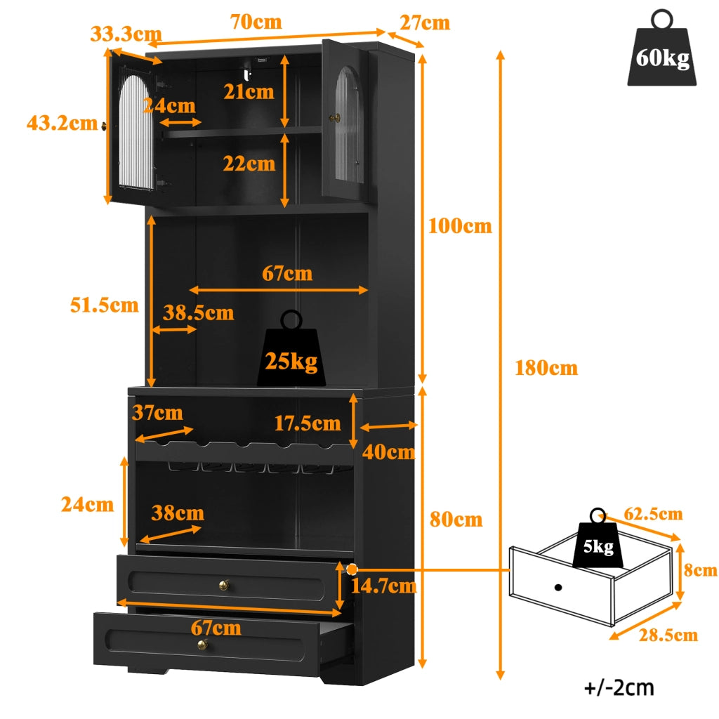Credenza alta con ante in vetro curve LED con app e musica, ripiani regolabili, portabottiglie, nero 70 × 40 × 180 cm