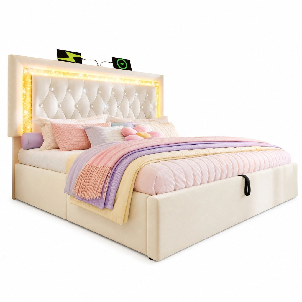 Letto matrimoniale 180x200 cm con contenitore, LED integrato, USB e USB-C, beige