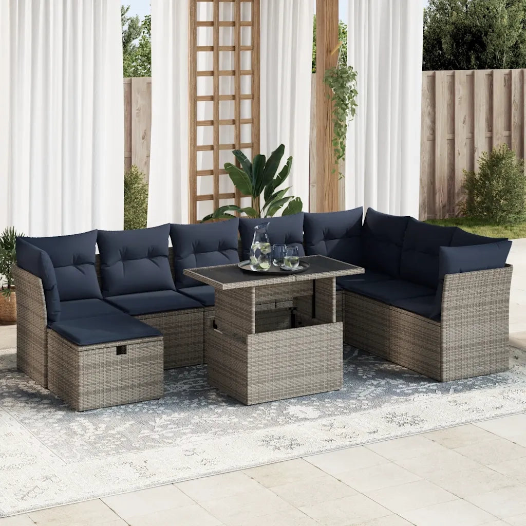 Set Divano da Giardino 9pz con Cuscini Grigio Polyrattan Acacia 3327801