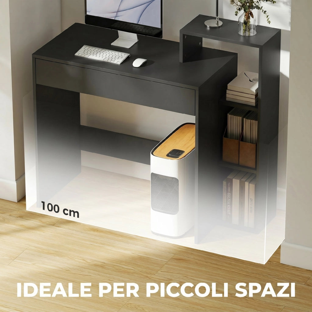 Scrivania PC Moderna con 3 Ripiani Aperti e Cassetto, in Legno Nero, 100x40x90 cm