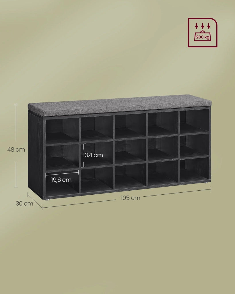 Panca portascarpe mobile da ingresso 30 x 105 x 48 cm con seduta scarpiera con cuscino e 9 ripiani regolabili per corridoio/soggiorno nero 12_0004103