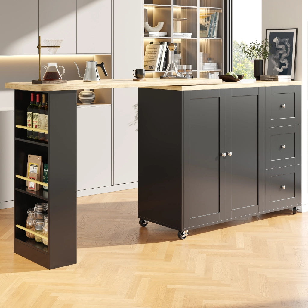 OKWISH Mobile Bar con 2 Ante 3 Cassetti e 3 Ripiani, Girevole a 360° e con Ruote, per Cucina e Sala da Pranzo, Nero