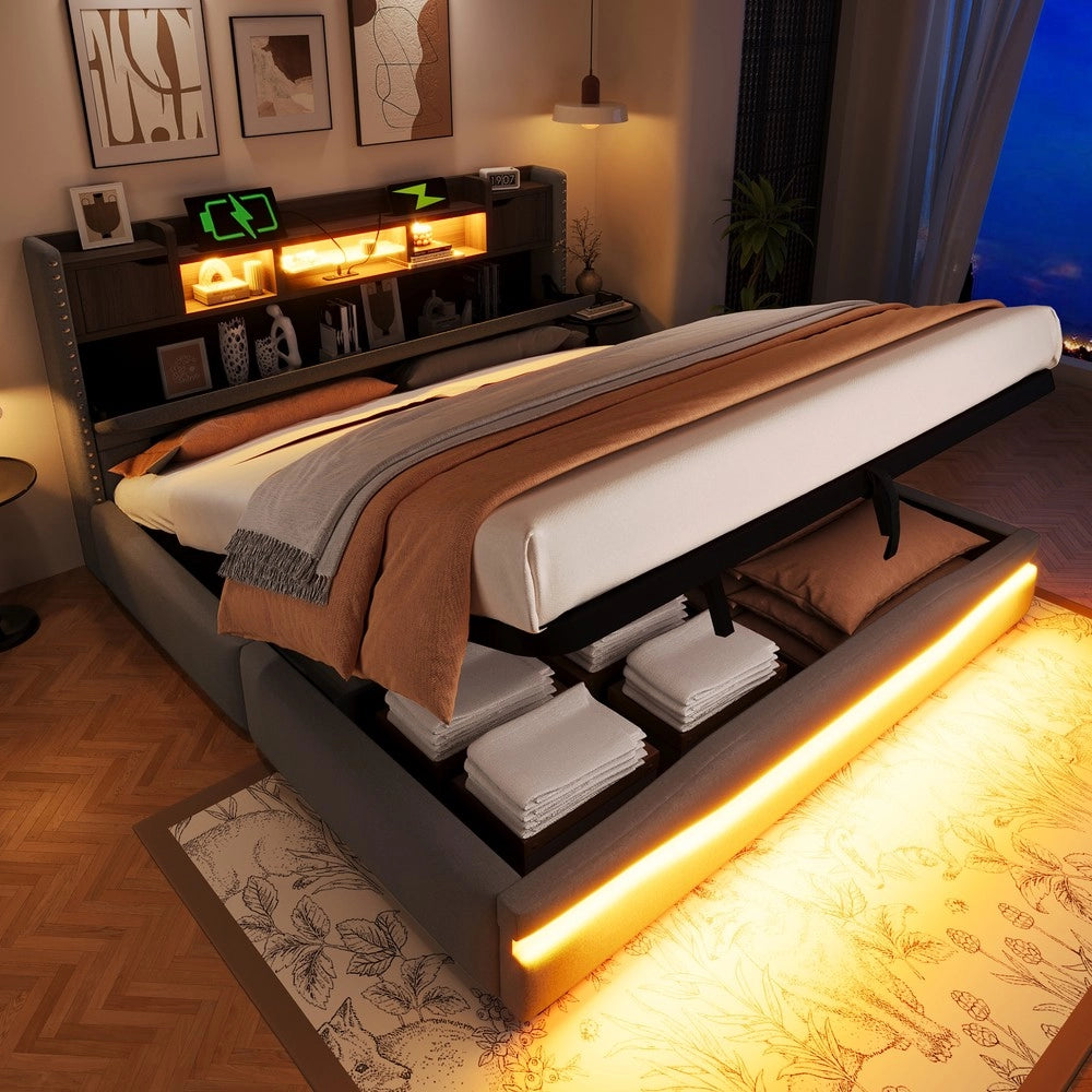 Letto Imbottito Contenitore con LED e USB ¨C Xylo ¨C Grigio 180x200