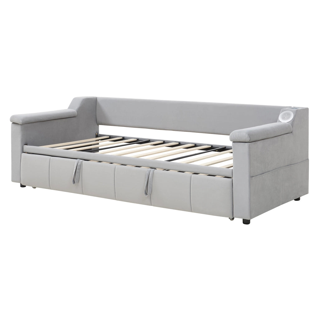 Divano letto imbottito convertibile 90/180x190 cm con Bluetooth, porte USB, vani portaoggetti e rete a doghe, grigio chiaro