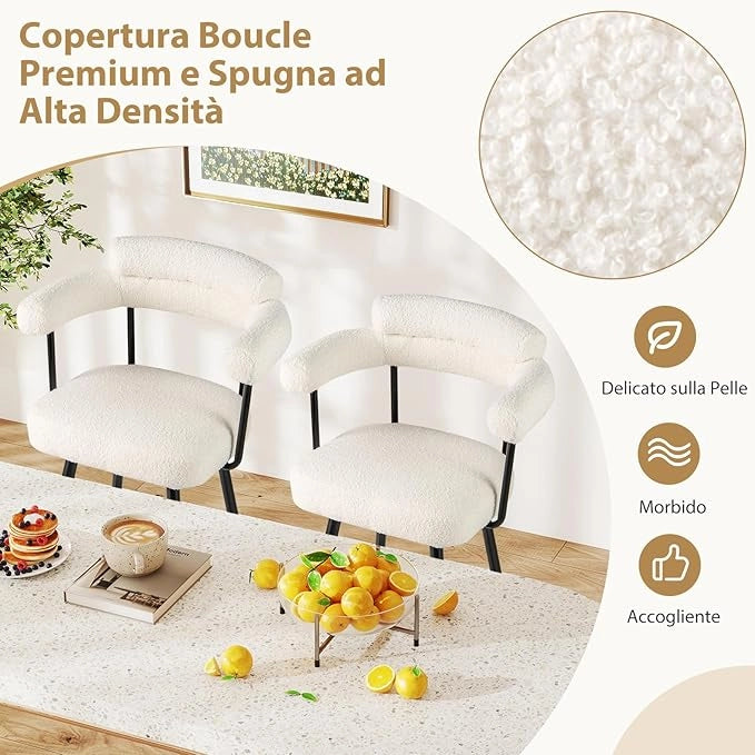 Set di 2 Sgabelli da Bar Girevoli, Sedie Imbottite in Boucle con Schienale, Braccioli Curvi, Gambe in Metallo e Poggiapiedi, Portata 150 kg, per Isola Cucina, Caffè e Pub (Bianco)