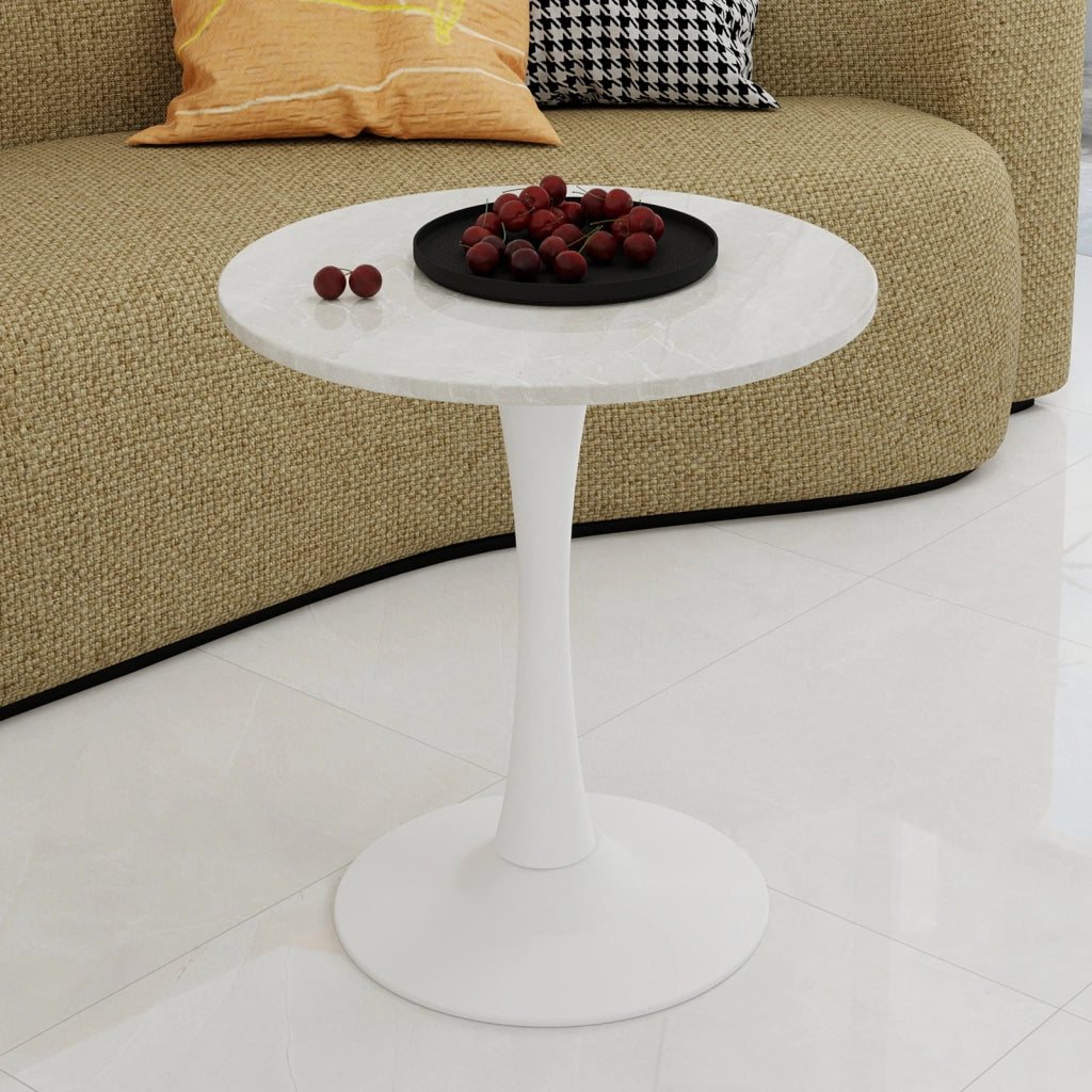 Tavolo da pranzo - rotondo 70 cm - stile mid-century - marmo venato bianco - per 2-4 persone - bianco