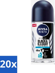 20 x Deodorante a rullo - Nero e Bianco - Freschezza invisibile - 50 ml - Deodorante a rullo - Antimacchia - 48 Ore di protezione - Sudore e odore - Idrofilo
