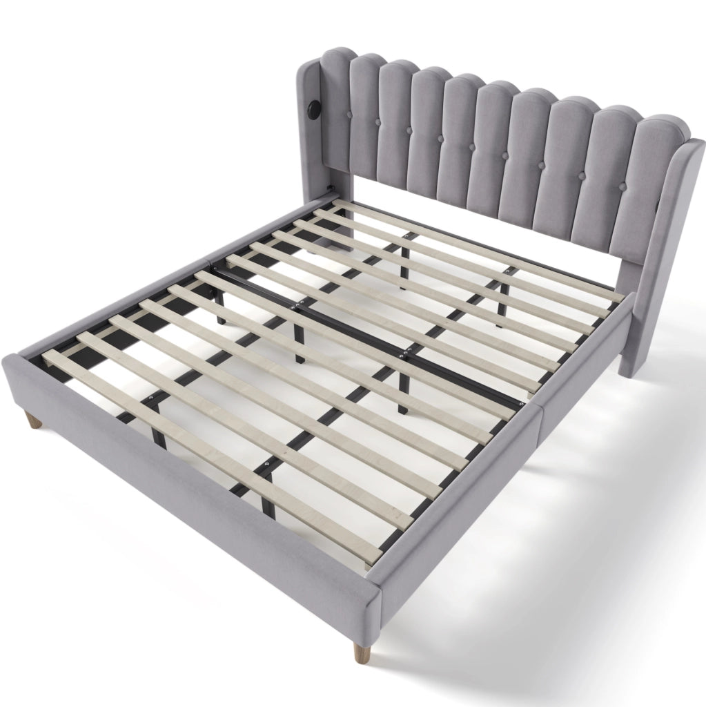 Letto matrimoniale 180x200 cm con USB e USB C; lino grigio