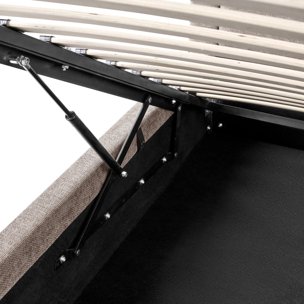 Letto contenitore rivestito in tessuto grigio marrone 160 x 200 cm testiera asimmetrica a gradini in stile scandinavo