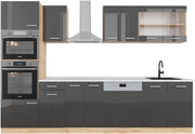 Cucina componibile R-Line, Antracite lucido/oro power oak, 300 cm con armadio alto, PL Marmo, per l'espansione personalizzata tramite moduli aggiuntivi compatibili