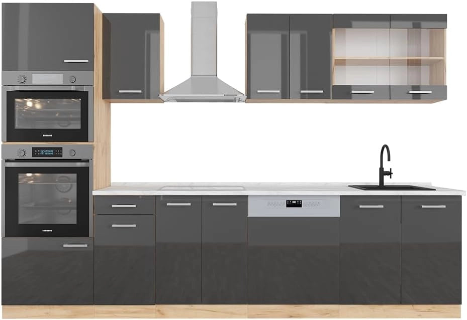 Cucina componibile R-Line, Antracite lucido/oro power oak, 300 cm con armadio alto, PL Marmo, per l'espansione personalizzata tramite moduli aggiuntivi compatibili