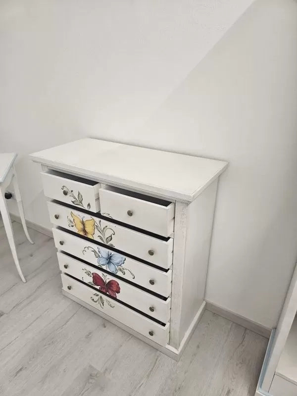 Cassettiera 6 cassetti in legno shabby bianco anticato decori farfalla 86x40x96 - Mobili 2G