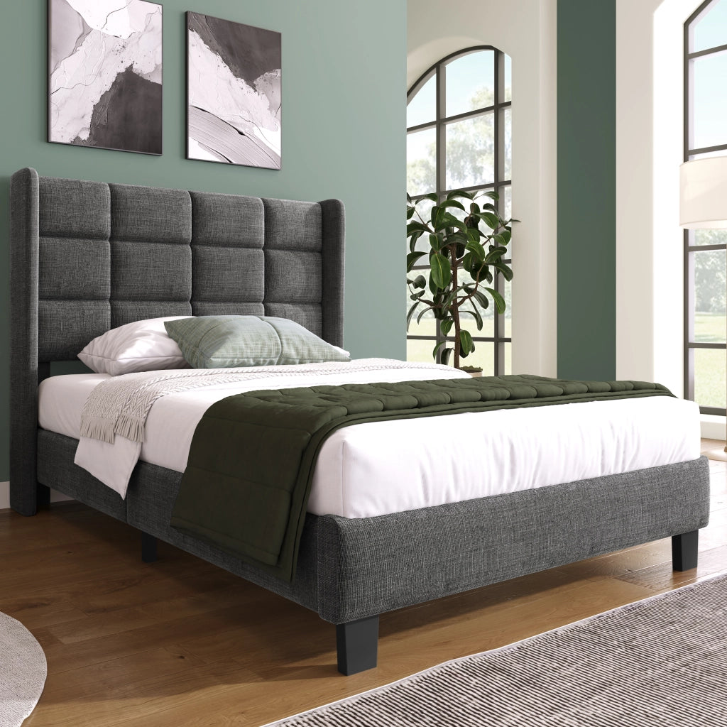 Letto singolo design – 90x200 cm – testiera imbottita rete – lino grigio