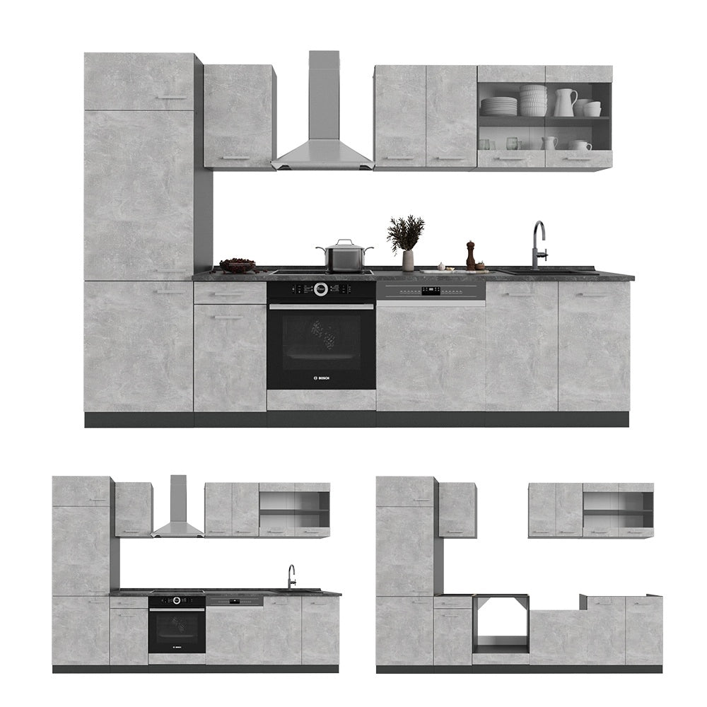 Cucina componibile R-Line Calcestruzzo/Antracite 300 cm, PL Rovere Vicco