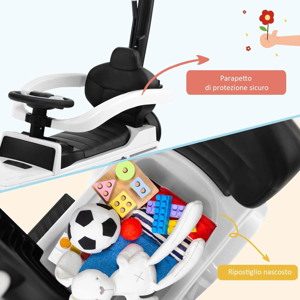 Auto a Spinta per Bambini, Macchina Cavalcabile a Spinta con Tettuccio Regolabile Maniglia per Genitori Paracolpi, Ideale per Bambini 12-36 Mesi (Bianco)