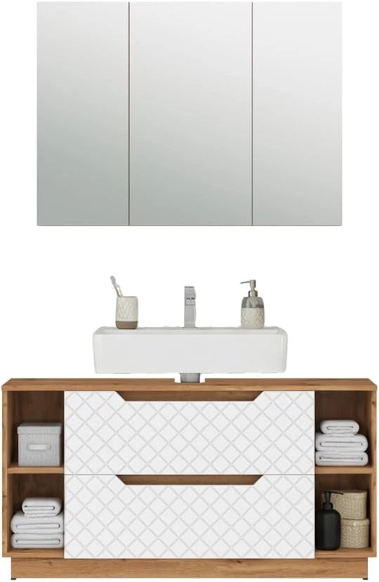 Set di mobili da bagno Lotta, Rovere/bianco con struttura in piastrelle, 2 parti