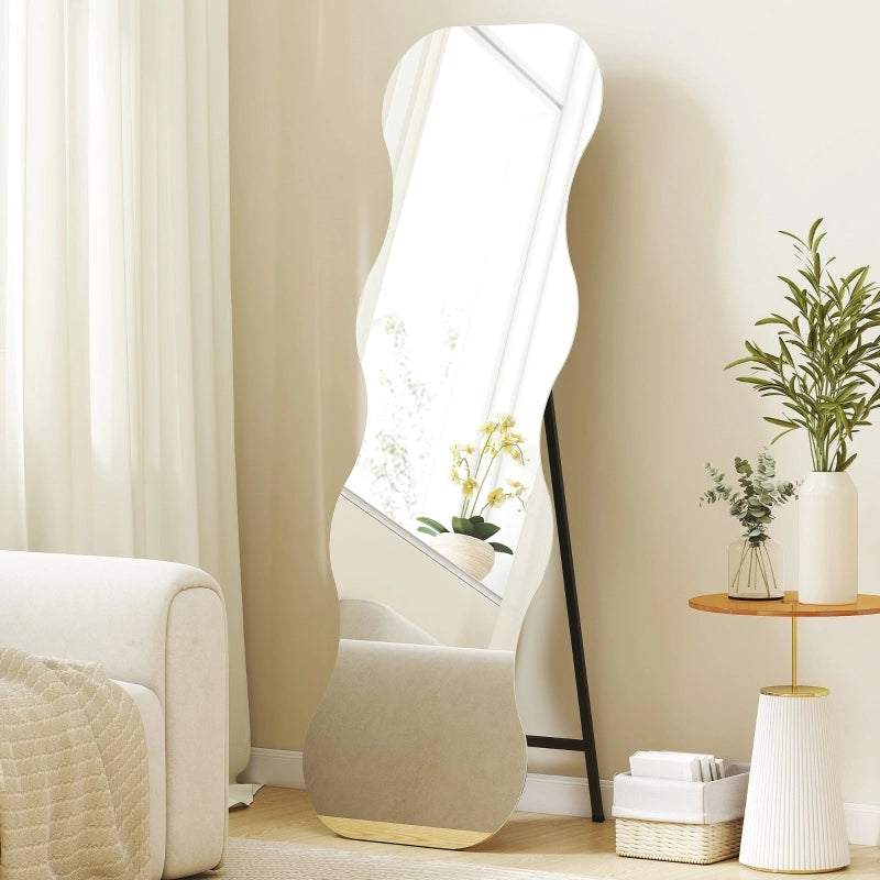 Specchio a figura intera senza cornice, base in legno, posizionabile in modo flessibile, forma ondulata, nero