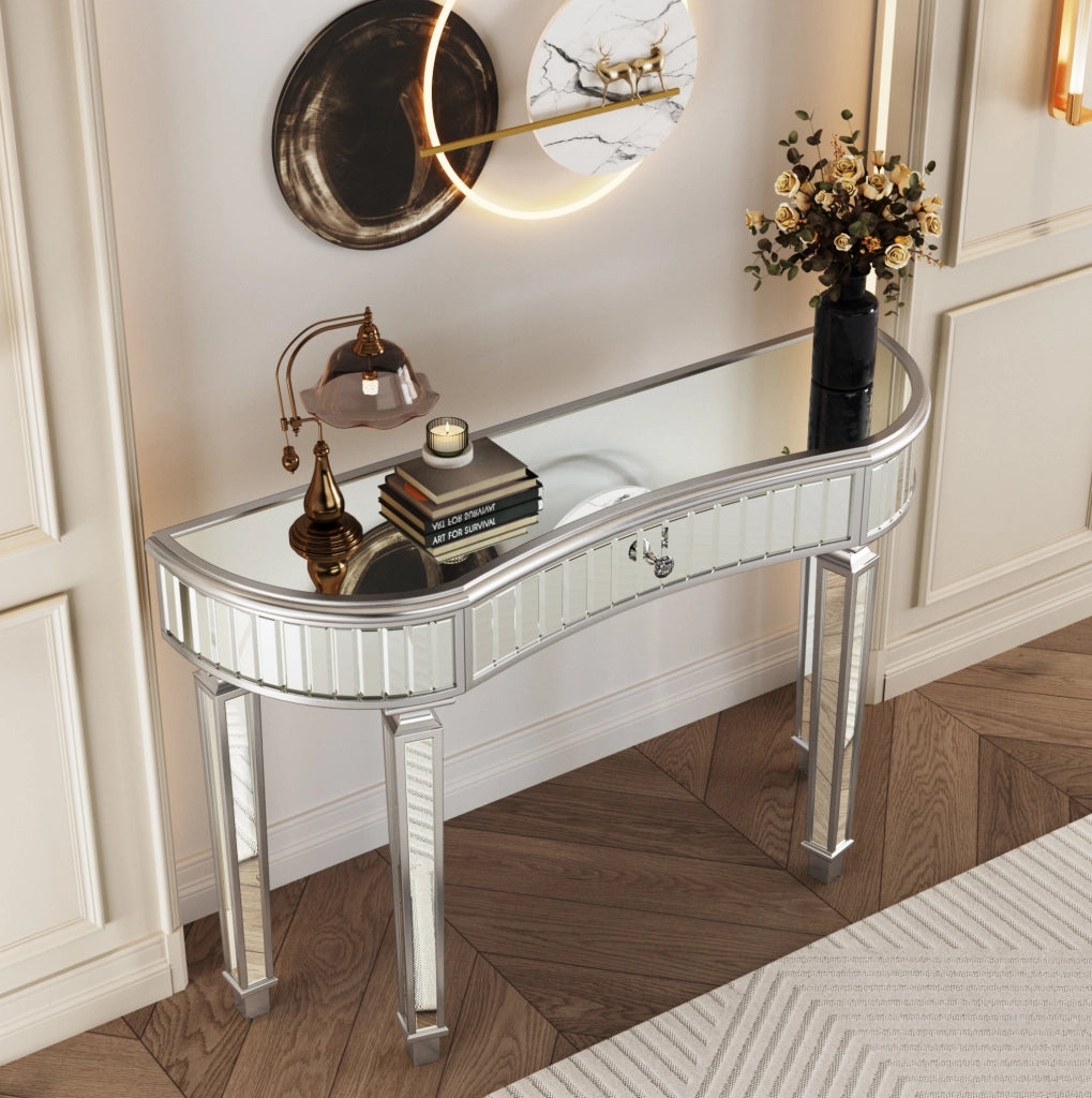 TAVOLO CONSOLLE MEZZALUNA 120 cm Grigio Argento in MDF e Vetro con Cassetto