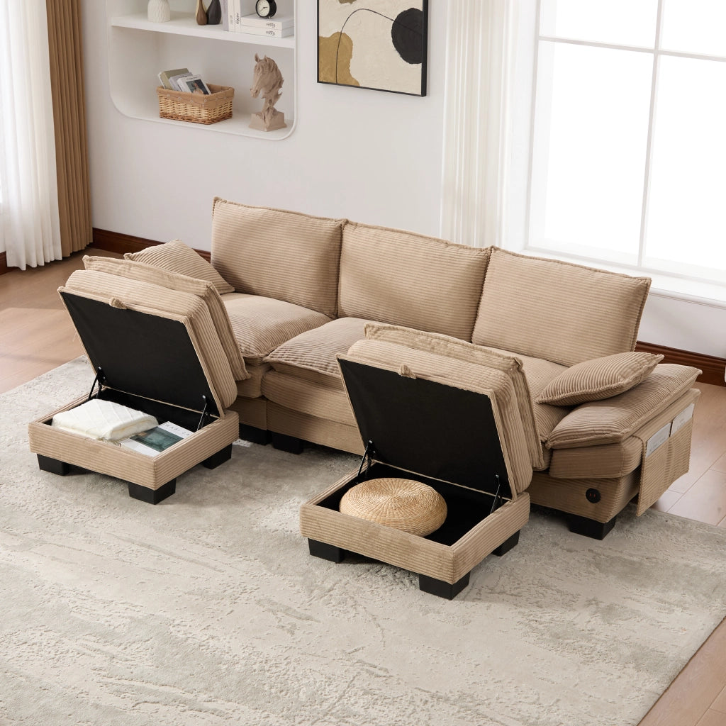 DIVANO 3 posti modulare 260x132x84 cm in corduroy khaki con 2 pouf