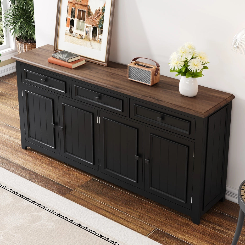 Credenza Nera 160 cm Mobile Buffet Moderno in MDF con 4 Ante e 3 Cassetti