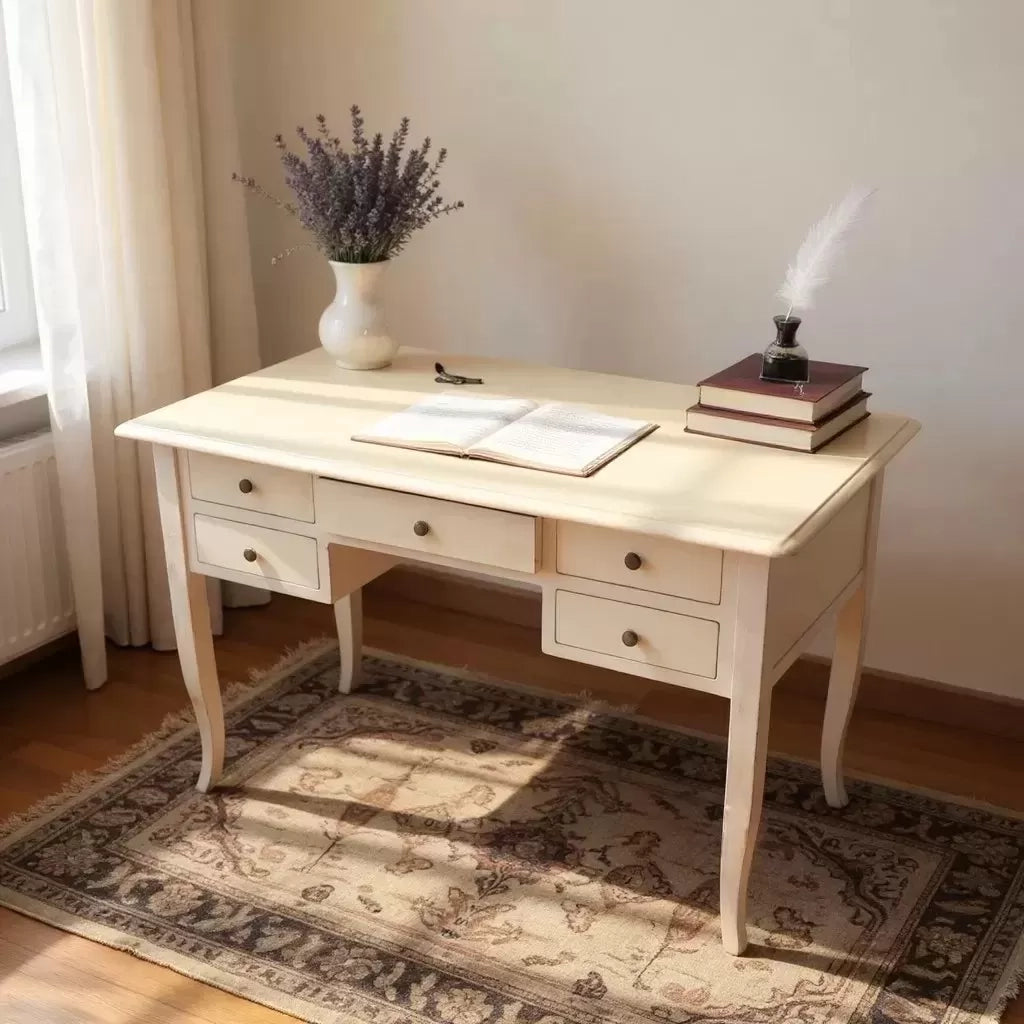 Scrivania arte povera 5 cassetti legno avorio 105x56x81 - Mobili 2G