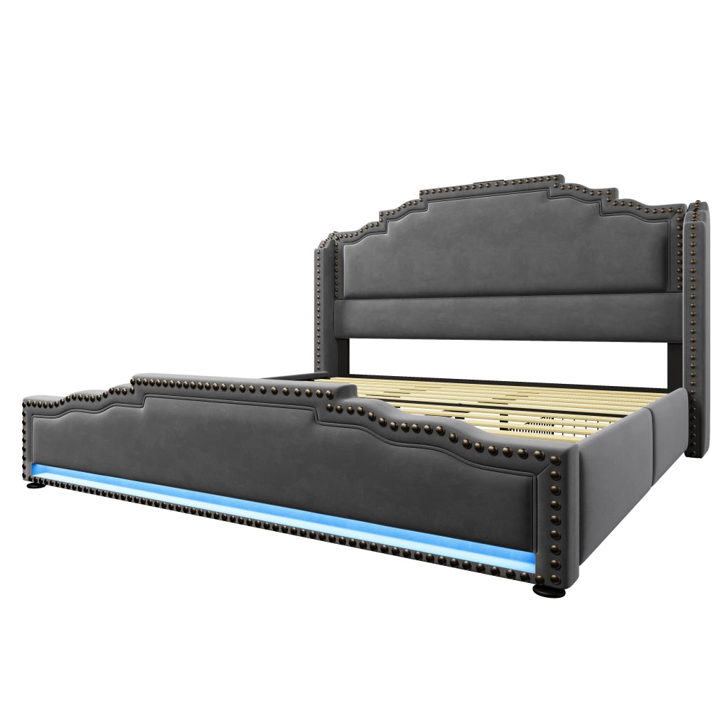Letto matrimoniale in velluto grigio 180x200 cm con 4 cassetti, LED, USB e Type-C, rete a doghe, senza materasso