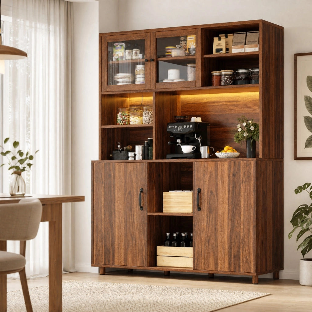 Mobile alto da cucina con LED smart e ante scorrevoli, noce